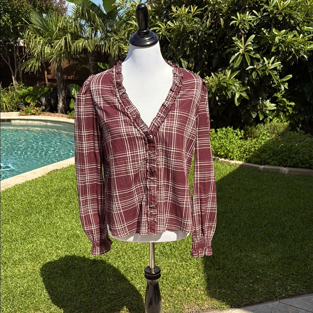 Evereve Burgundy Plaid Blouse